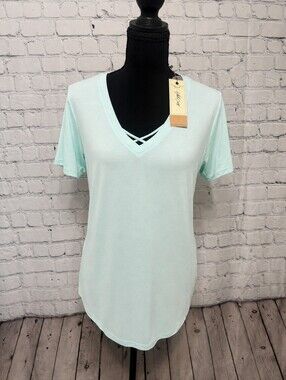 White Crow Mint V-Neck Short Sleeve Tee with Crisscross Detail